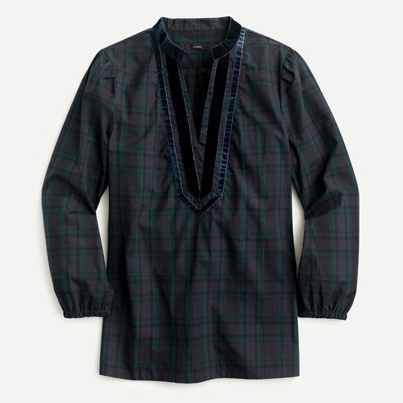 J. Crew Tops - J. Crew Velvet Trimmed V Neck Tunic Black Watch Tartan Plaid Size Large New